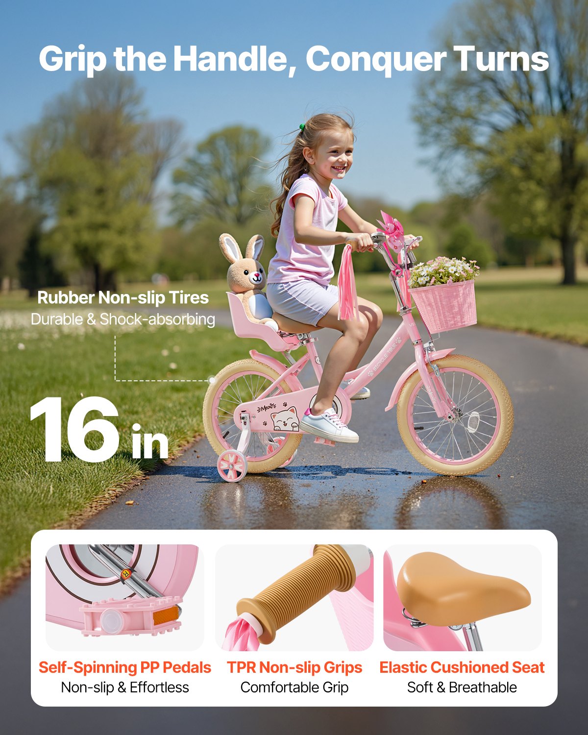 VEVOR Kids Bike, 406 mm Princess Style Children Bicycle with Streamers & Basket, Rider Height 3.28 ft - 4.27 ft, Doll Seat & Training Wheels Included, Toddler Bike for Girls Learning to Ride, Pink