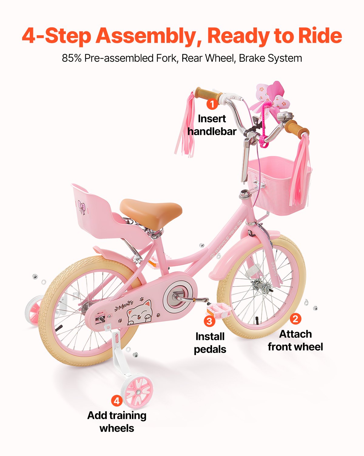 VEVOR Kids Bike, 406 mm Princess Style Children Bicycle with Streamers & Basket, Rider Height 3.28 ft - 4.27 ft, Doll Seat & Training Wheels Included, Toddler Bike for Girls Learning to Ride, Pink