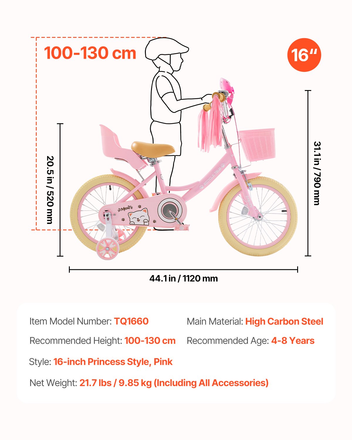 VEVOR Kids Bike, 406 mm Princess Style Children Bicycle with Streamers & Basket, Rider Height 3.28 ft - 4.27 ft, Doll Seat & Training Wheels Included, Toddler Bike for Girls Learning to Ride, Pink