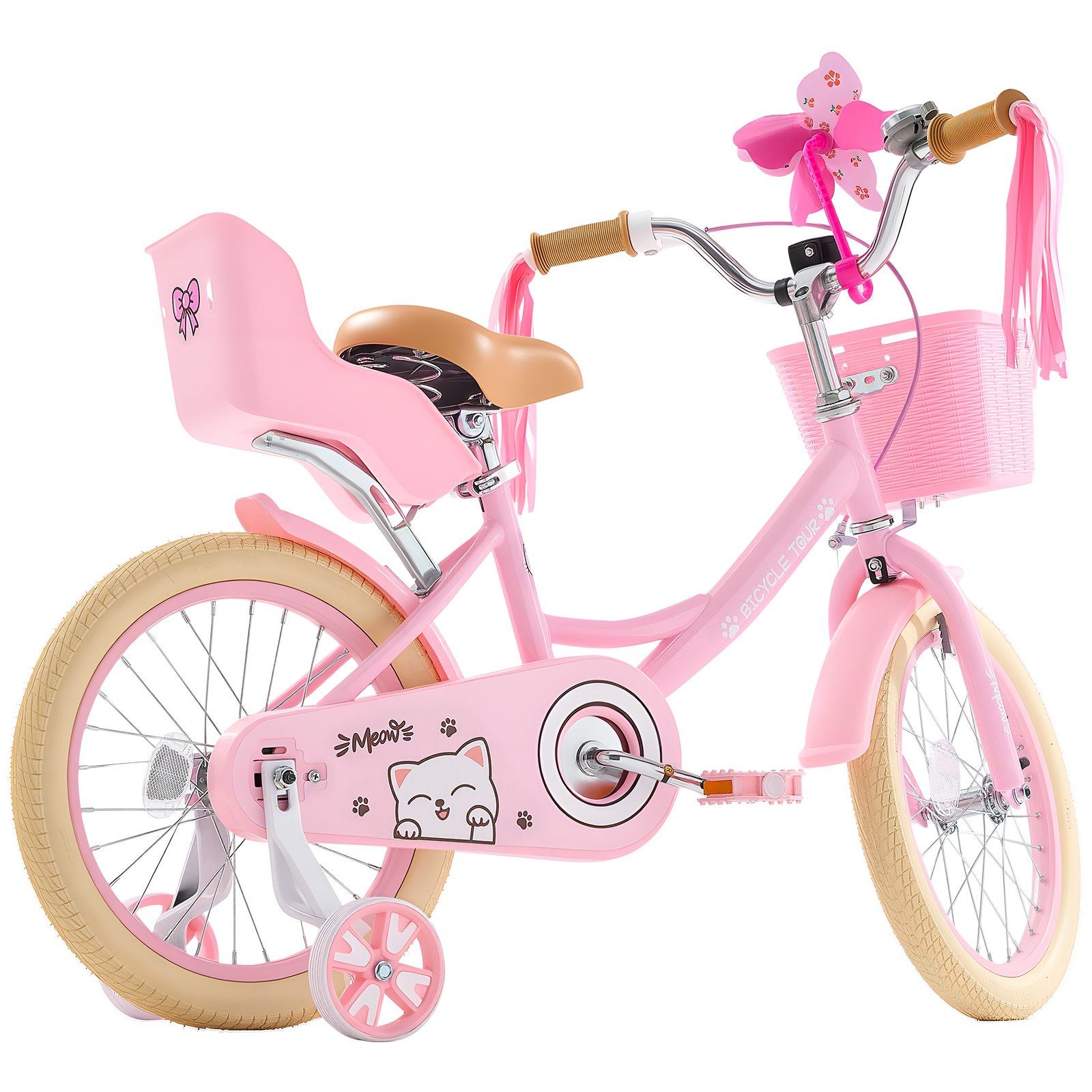 VEVOR Kids Bike, 406 mm Princess Style Children Bicycle with Streamers & Basket, Rider Height 3.28 ft - 4.27 ft, Doll Seat & Training Wheels Included, Toddler Bike for Girls Learning to Ride, Pink