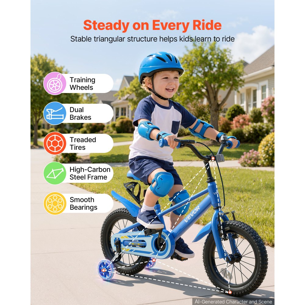 VEVOR Kids Bike, 14 Inch Children Bicycle, Training Wheels BMX Style Blue, for Boys Girls Ages 3-5, Adjustable Seat & Handlebar, Front Brake & Rear Coaster Brake, Cup Holder, High-Carbon Steel Frame