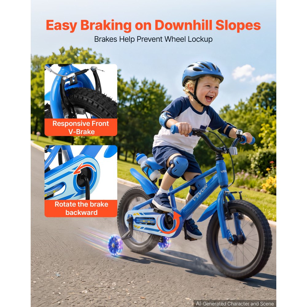VEVOR Kids Bike, 14 Inch Children Bicycle, Training Wheels BMX Style Blue, for Boys Girls Ages 3-5, Adjustable Seat & Handlebar, Front Brake & Rear Coaster Brake, Cup Holder, High-Carbon Steel Frame