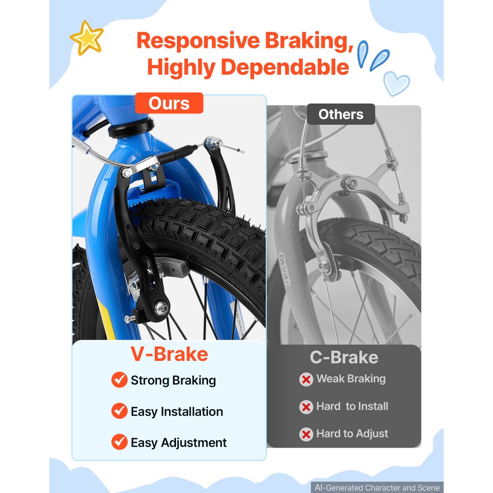 VEVOR Kids Bike, 14 Inch Children Bicycle, Training Wheels BMX Style Blue, for Boys Girls Ages 3-5, Adjustable Seat & Handlebar, Front Brake & Rear Coaster Brake, Cup Holder, High-Carbon Steel Frame