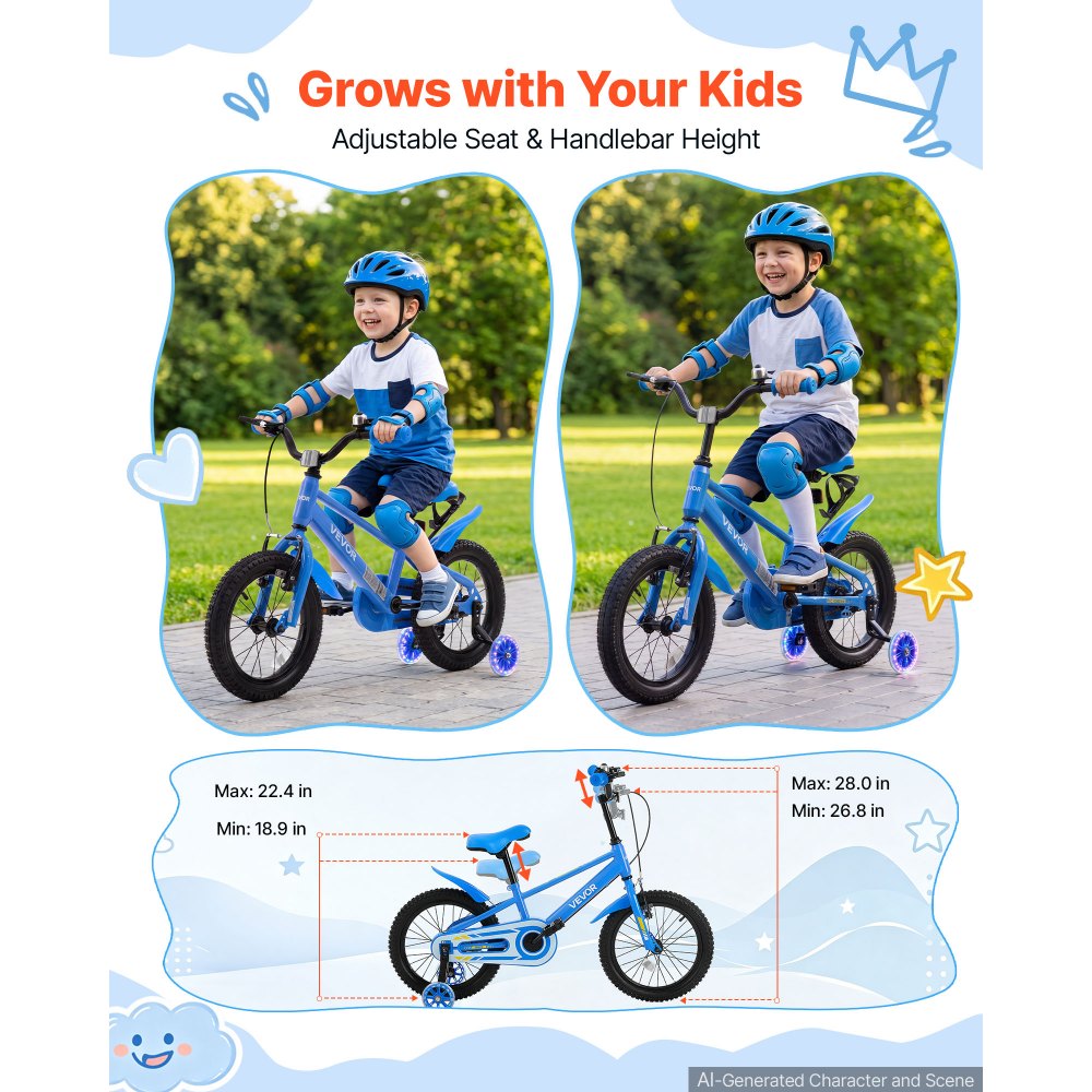 VEVOR Kids Bike, 14 Inch Children Bicycle, Training Wheels BMX Style Blue, for Boys Girls Ages 3-5, Adjustable Seat & Handlebar, Front Brake & Rear Coaster Brake, Cup Holder, High-Carbon Steel Frame