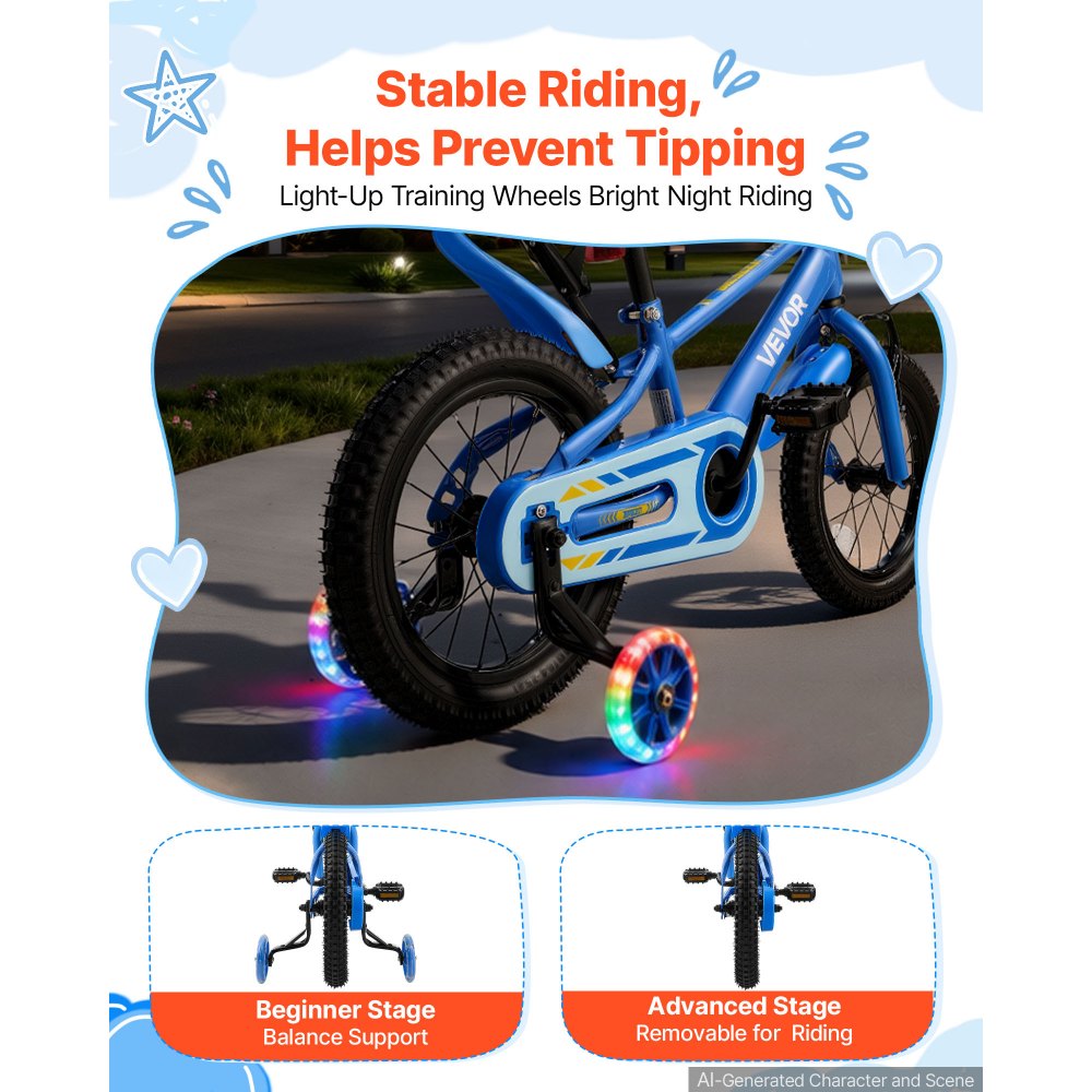 VEVOR Kids Bike, 14 Inch Children Bicycle, Training Wheels BMX Style Blue, for Boys Girls Ages 3-5, Adjustable Seat & Handlebar, Front Brake & Rear Coaster Brake, Cup Holder, High-Carbon Steel Frame