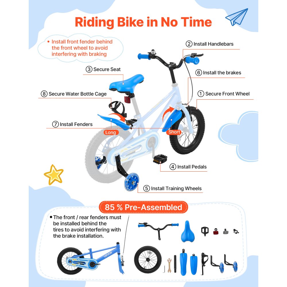VEVOR Kids Bike, 14 Inch Children Bicycle, Training Wheels BMX Style Blue, for Boys Girls Ages 3-5, Adjustable Seat & Handlebar, Front Brake & Rear Coaster Brake, Cup Holder, High-Carbon Steel Frame