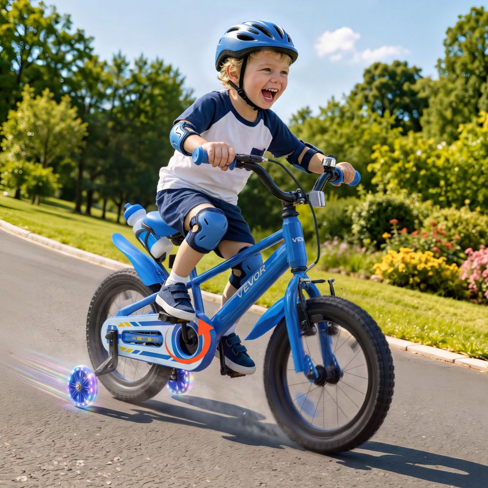 VEVOR Kids Bike, 14 Inch Children Bicycle, Training Wheels BMX Style Blue, for Boys Girls Ages 3-5, Adjustable Seat & Handlebar, Front Brake & Rear Coaster Brake, Cup Holder, High-Carbon Steel Frame