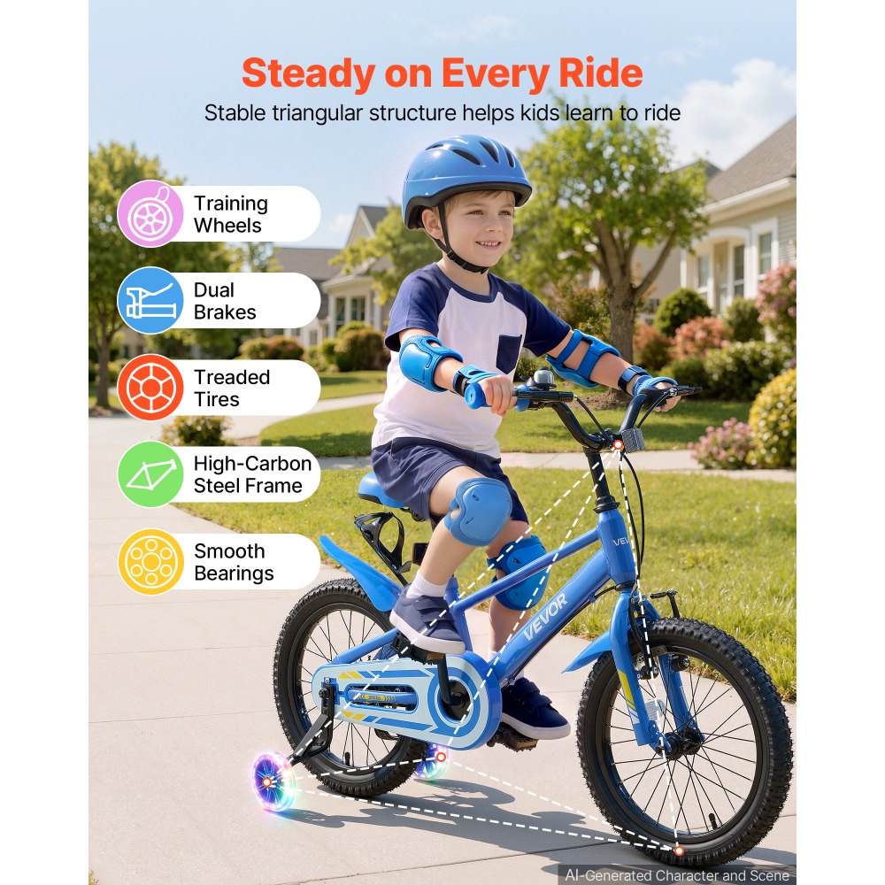 VEVOR Kids Bike, 16 Inch Children Bicycle, Training Wheels BMX Style Blue, for Boys Girls Ages 4-7, Adjustable Seat & Handlebar, Front Brake and Rear Drum Brake, Cup Holder, High-Carbon Steel Frame