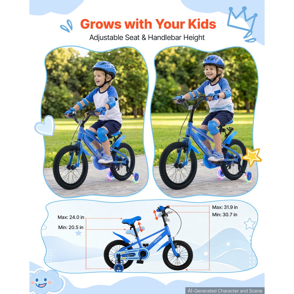 VEVOR Kids Bike, 16 Inch Children Bicycle, Training Wheels BMX Style Blue, for Boys Girls Ages 4-7, Adjustable Seat & Handlebar, Front Brake and Rear Drum Brake, Cup Holder, High-Carbon Steel Frame