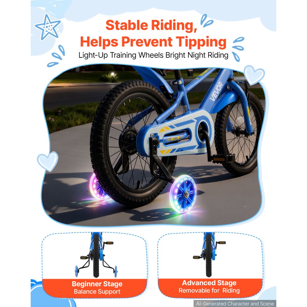 VEVOR Kids Bike, 16 Inch Children Bicycle, Training Wheels BMX Style Blue, for Boys Girls Ages 4-7, Adjustable Seat & Handlebar, Front Brake and Rear Drum Brake, Cup Holder, High-Carbon Steel Frame
