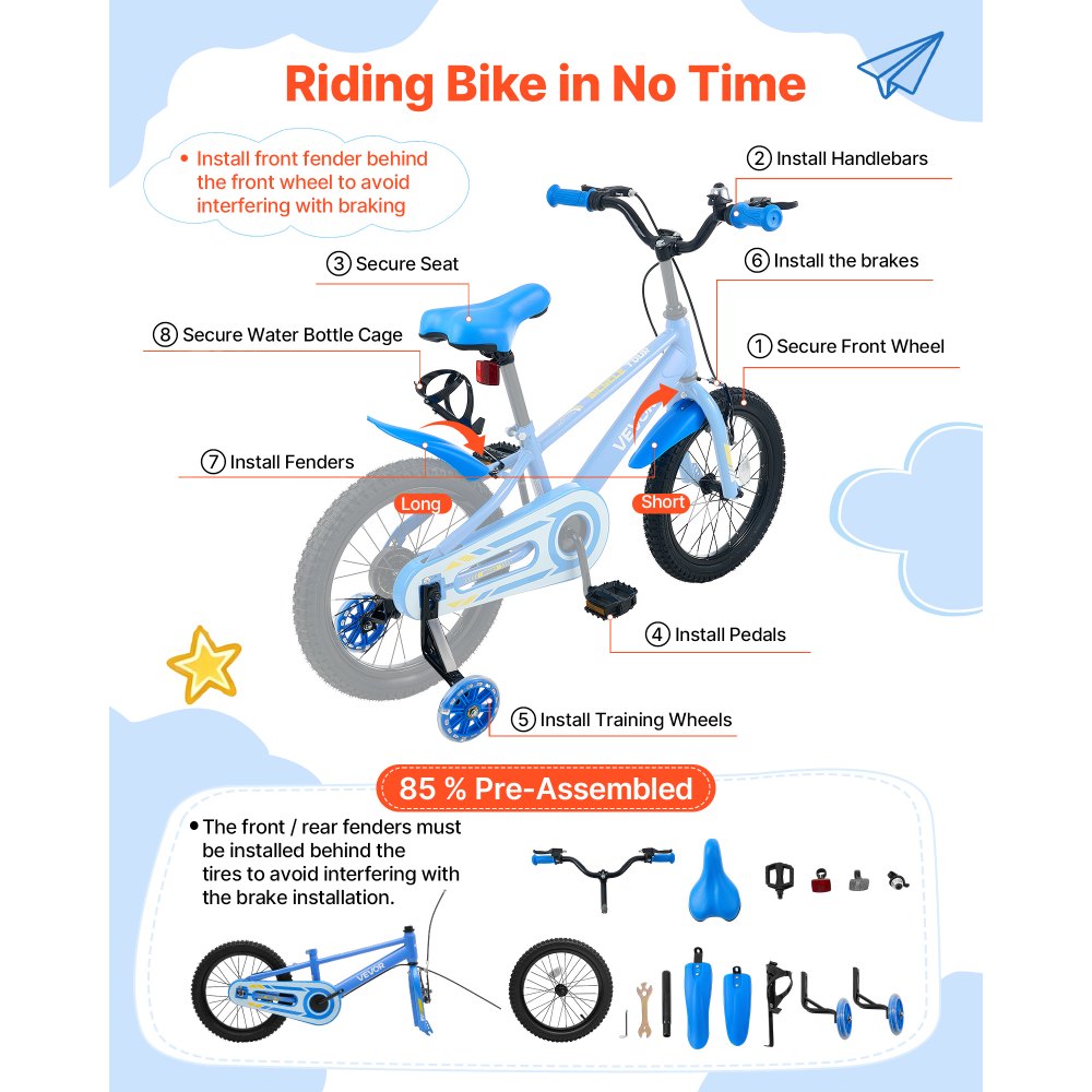 VEVOR Kids Bike, 16 Inch Children Bicycle, Training Wheels BMX Style Blue, for Boys Girls Ages 4-7, Adjustable Seat & Handlebar, Front Brake and Rear Drum Brake, Cup Holder, High-Carbon Steel Frame