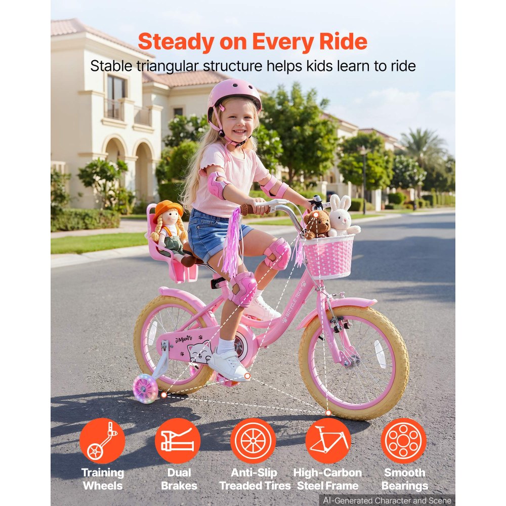 VEVOR Kids Bike, 16 Inch Children Bicycle, Training Wheels Princess Pink, for Girls Ages 4-7, Adjustable Seat, Front Brake and Rear Drum Brake, Front Basket, Doll Seat, High-Carbon Steel Frame