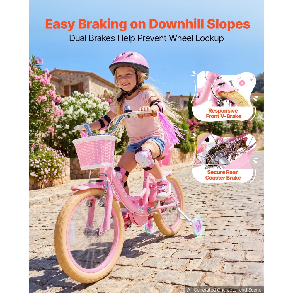 VEVOR Kids Bike, 16 Inch Children Bicycle, Training Wheels Princess Pink, for Girls Ages 4-7, Adjustable Seat, Front Brake and Rear Drum Brake, Front Basket, Doll Seat, High-Carbon Steel Frame