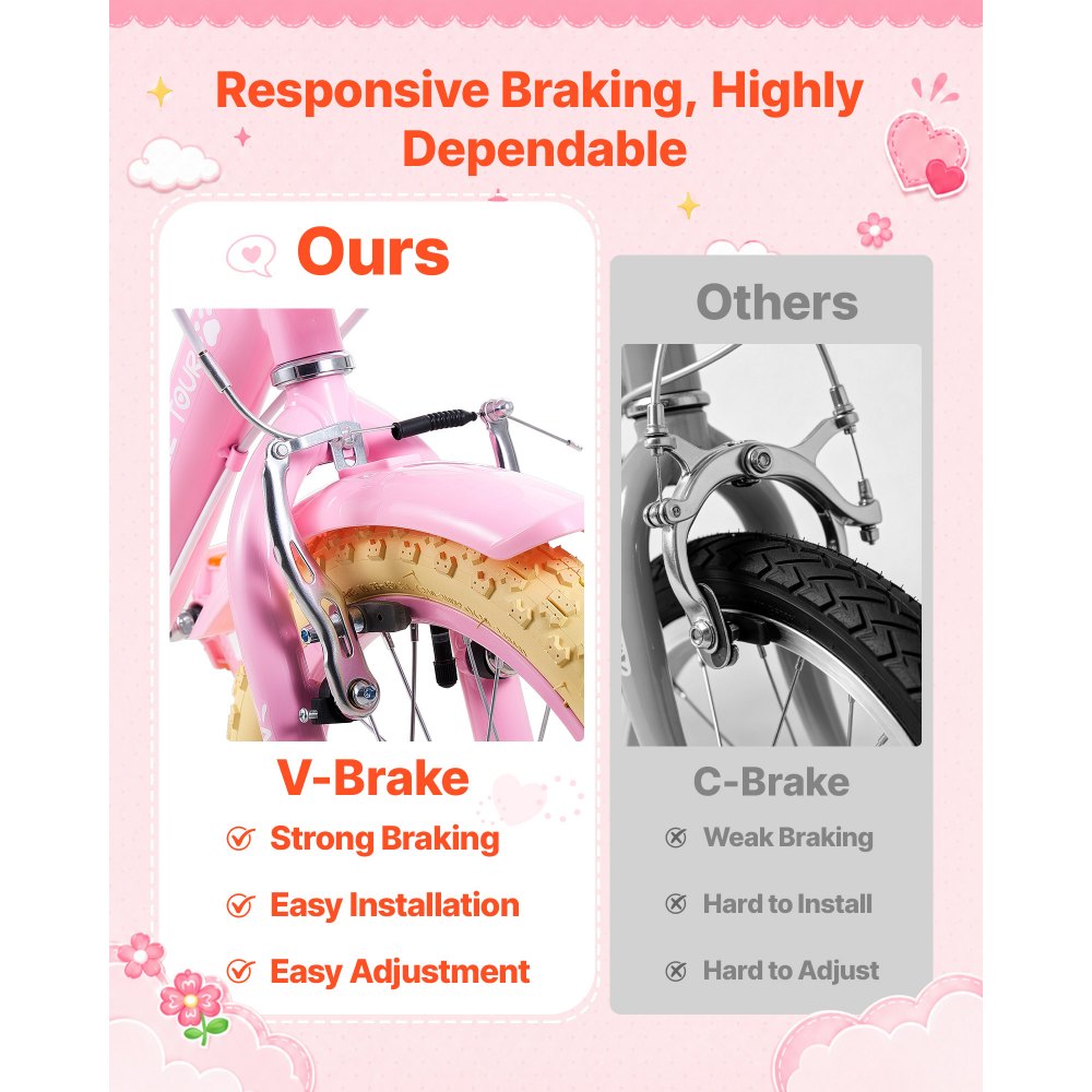 VEVOR Kids Bike, 16 Inch Children Bicycle, Training Wheels Princess Pink, for Girls Ages 4-7, Adjustable Seat, Front Brake and Rear Drum Brake, Front Basket, Doll Seat, High-Carbon Steel Frame