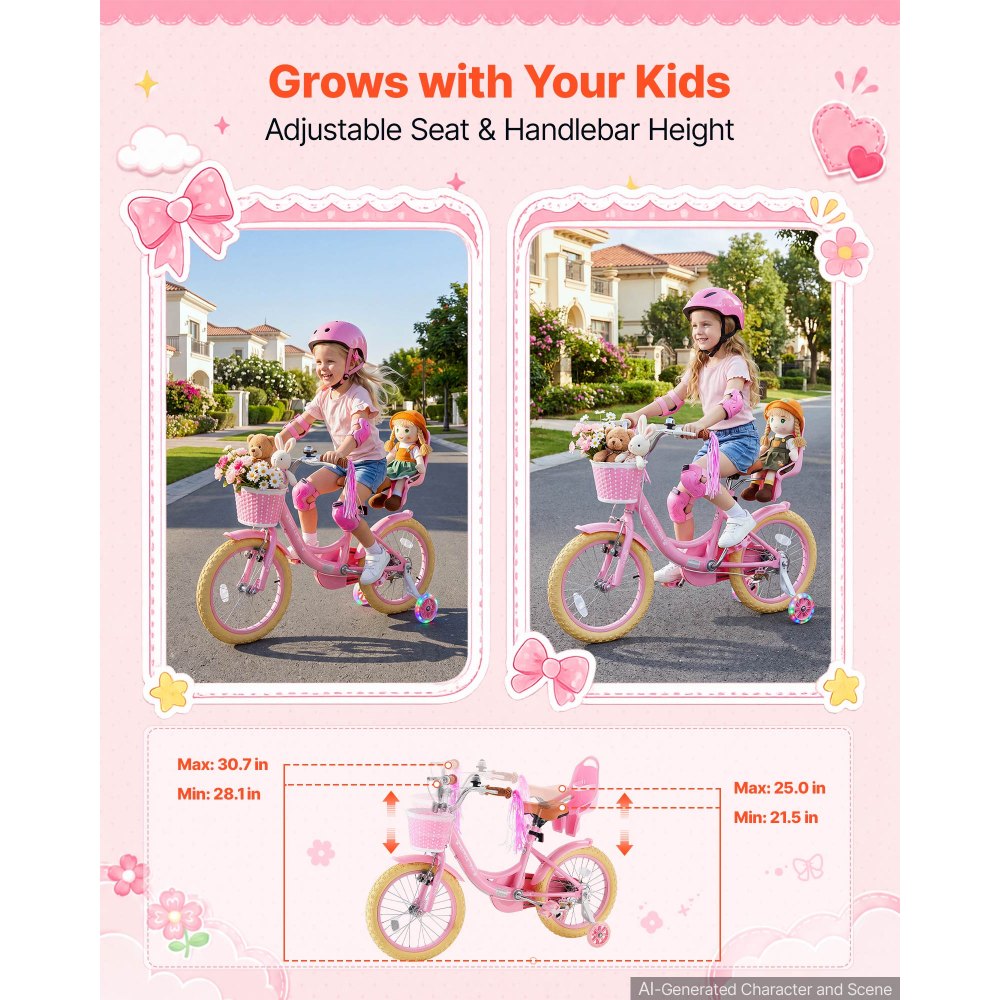 VEVOR Kids Bike, 16 Inch Children Bicycle, Training Wheels Princess Pink, for Girls Ages 4-7, Adjustable Seat, Front Brake and Rear Drum Brake, Front Basket, Doll Seat, High-Carbon Steel Frame