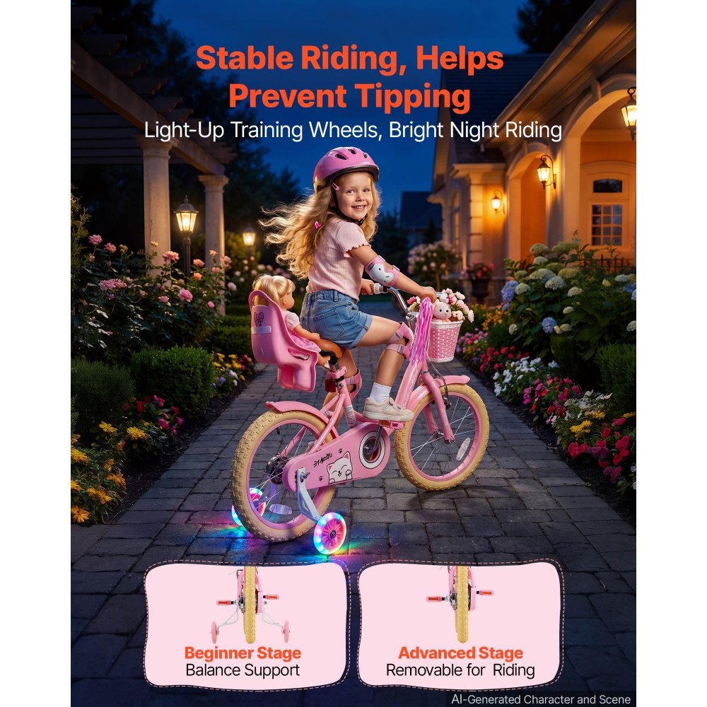 VEVOR Kids Bike, 16 Inch Children Bicycle, Training Wheels Princess Pink, for Girls Ages 4-7, Adjustable Seat, Front Brake and Rear Drum Brake, Front Basket, Doll Seat, High-Carbon Steel Frame