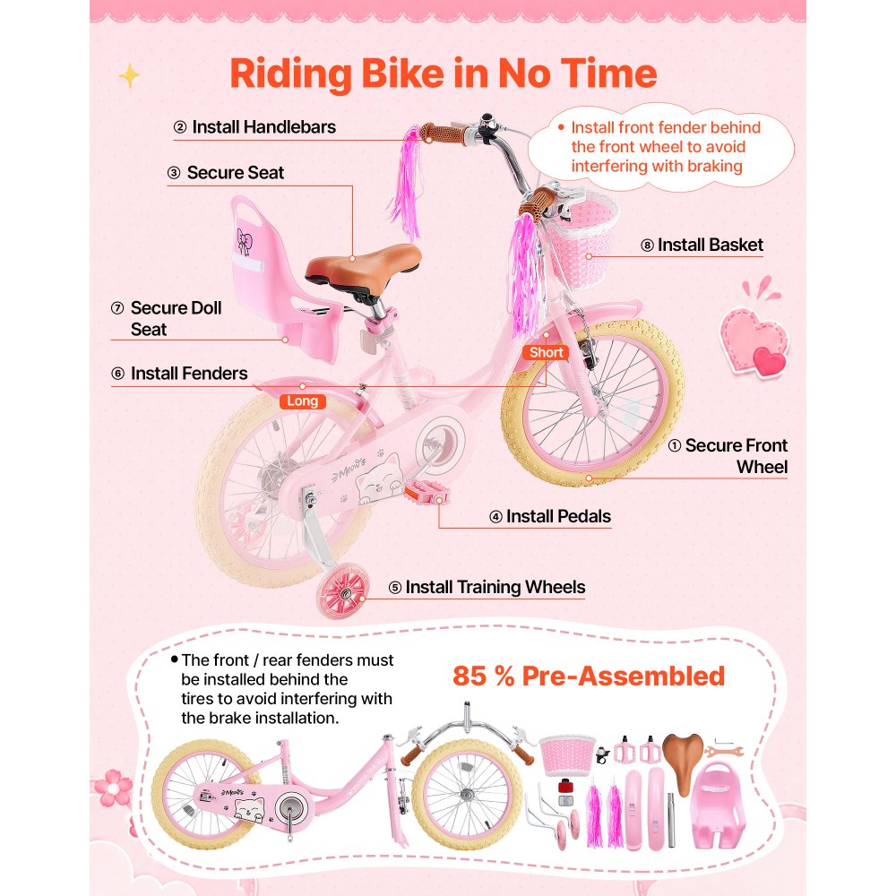VEVOR Kids Bike, 16 Inch Children Bicycle, Training Wheels Princess Pink, for Girls Ages 4-7, Adjustable Seat, Front Brake and Rear Drum Brake, Front Basket, Doll Seat, High-Carbon Steel Frame