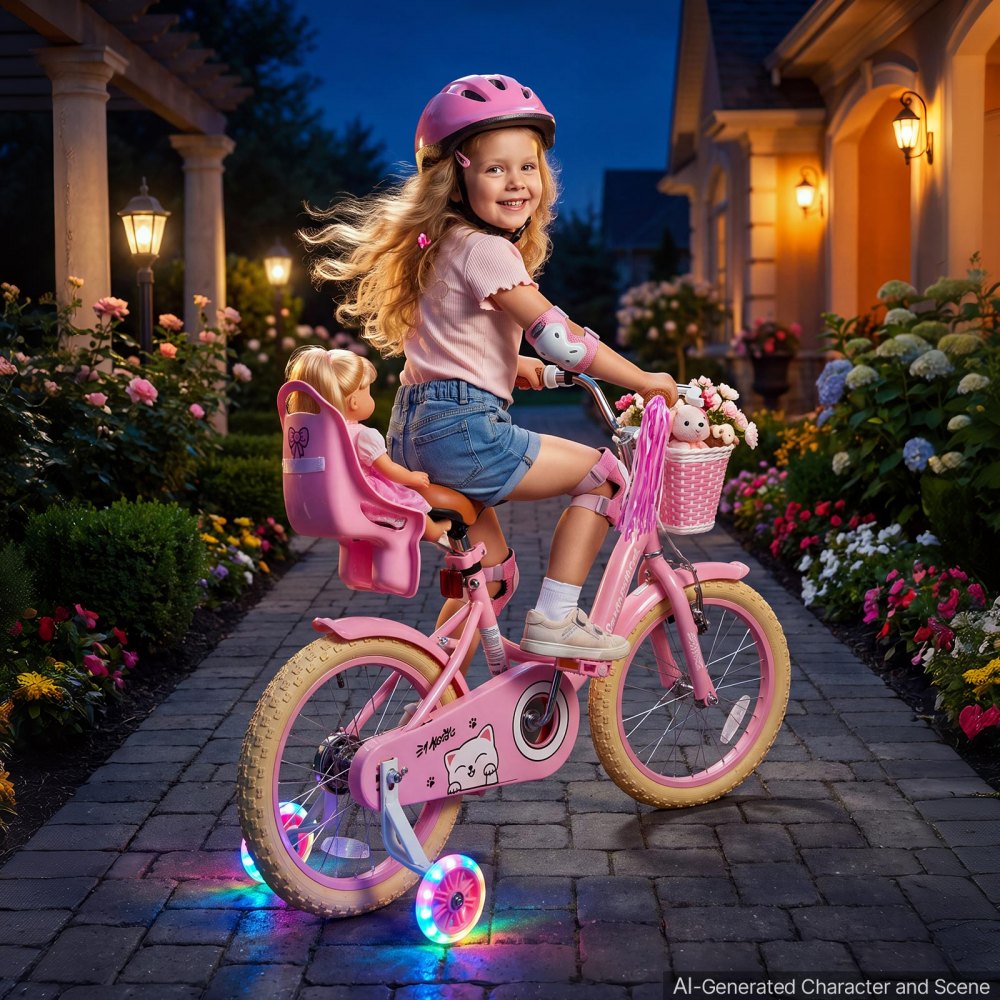 VEVOR Kids Bike, 16 Inch Children Bicycle, Training Wheels Princess Pink, for Girls Ages 4-7, Adjustable Seat, Front Brake and Rear Drum Brake, Front Basket, Doll Seat, High-Carbon Steel Frame