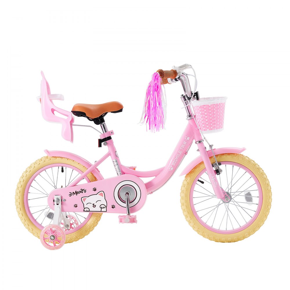 VEVOR Kids Bike, 16 Inch Children Bicycle, Training Wheels Princess Pink, for Girls Ages 4-7, Adjustable Seat, Front Brake and Rear Drum Brake, Front Basket, Doll Seat, High-Carbon Steel Frame