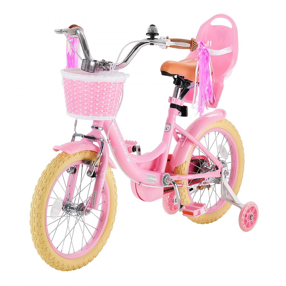 VEVOR Kids Bike, 16 Inch Children Bicycle, Training Wheels Princess Pink, for Girls Ages 4-7, Adjustable Seat, Front Brake and Rear Drum Brake, Front Basket, Doll Seat, High-Carbon Steel Frame