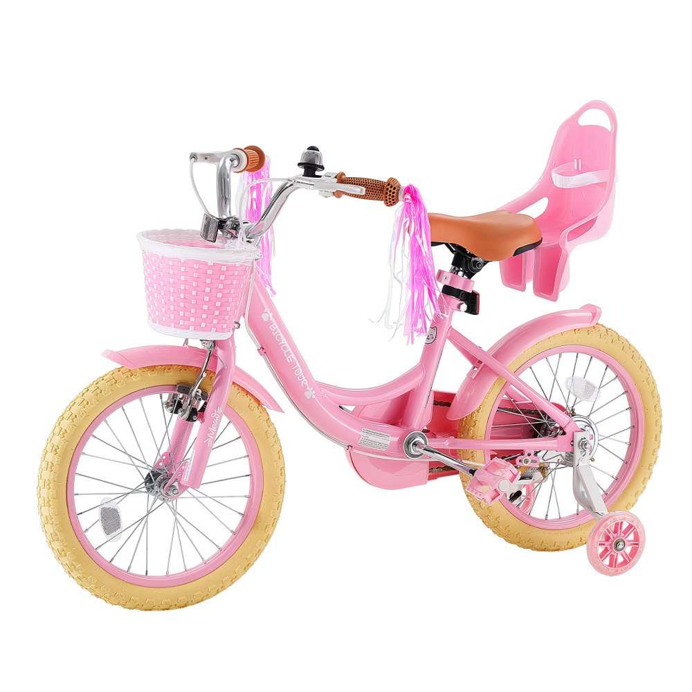 VEVOR Kids Bike, 16 Inch Children Bicycle, Training Wheels Princess Pink, for Girls Ages 4-7, Adjustable Seat, Front Brake and Rear Drum Brake, Front Basket, Doll Seat, High-Carbon Steel Frame