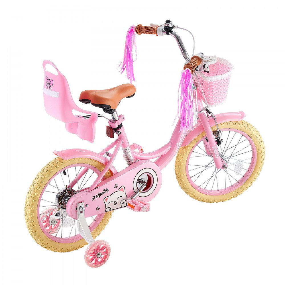 VEVOR Kids Bike, 16 Inch Children Bicycle, Training Wheels Princess Pink, for Girls Ages 4-7, Adjustable Seat, Front Brake and Rear Drum Brake, Front Basket, Doll Seat, High-Carbon Steel Frame