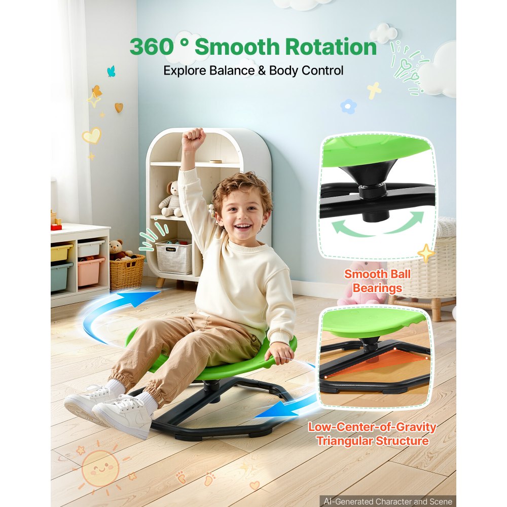 VEVOR Spinning Chair for Autistic Kids Ages 2-6 Autism Sensory Toy 110 LBS, Sensory Swivel Seat Products for Children ADHD, Training Body Coordination Balance, 16.9" L x 14" W, Rounded Shape, Green