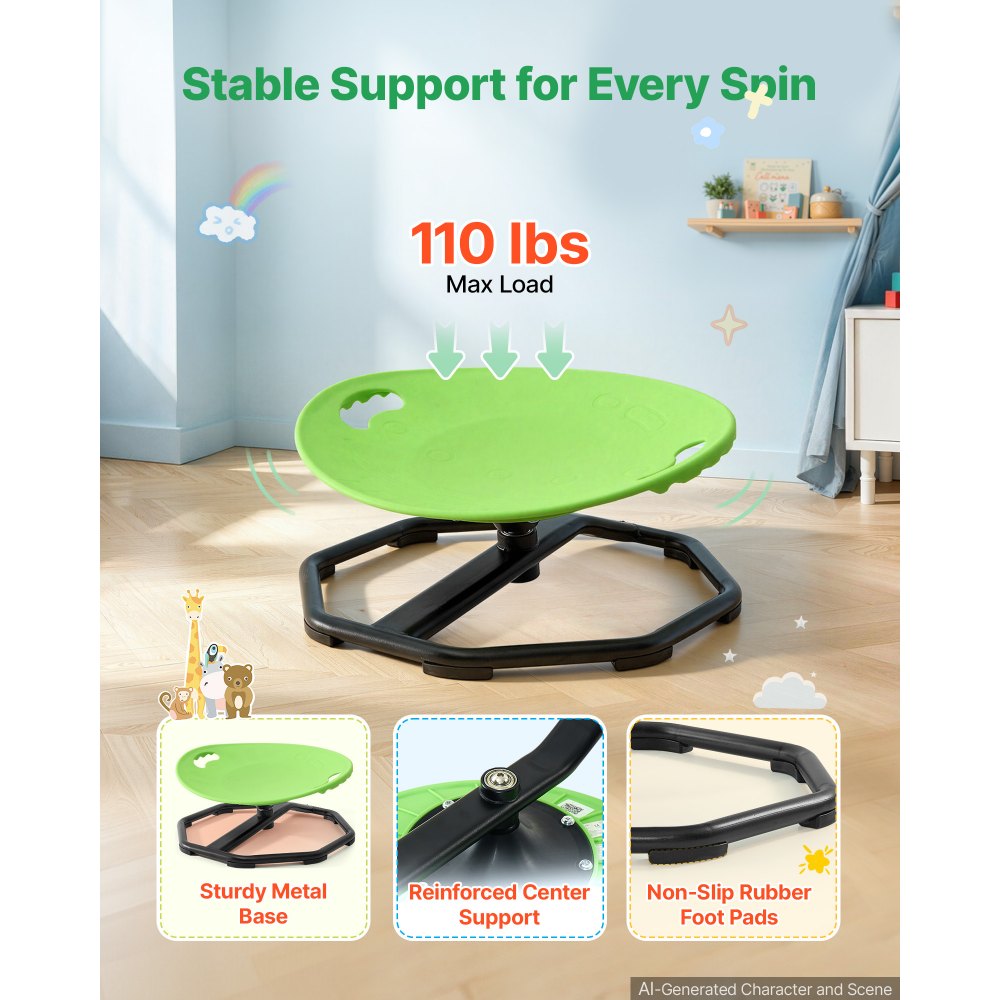 VEVOR Spinning Chair for Autistic Kids Ages 2-6 Autism Sensory Toy 110 LBS, Sensory Swivel Seat Products for Children ADHD, Training Body Coordination Balance, 16.9" L x 14" W, Rounded Shape, Green