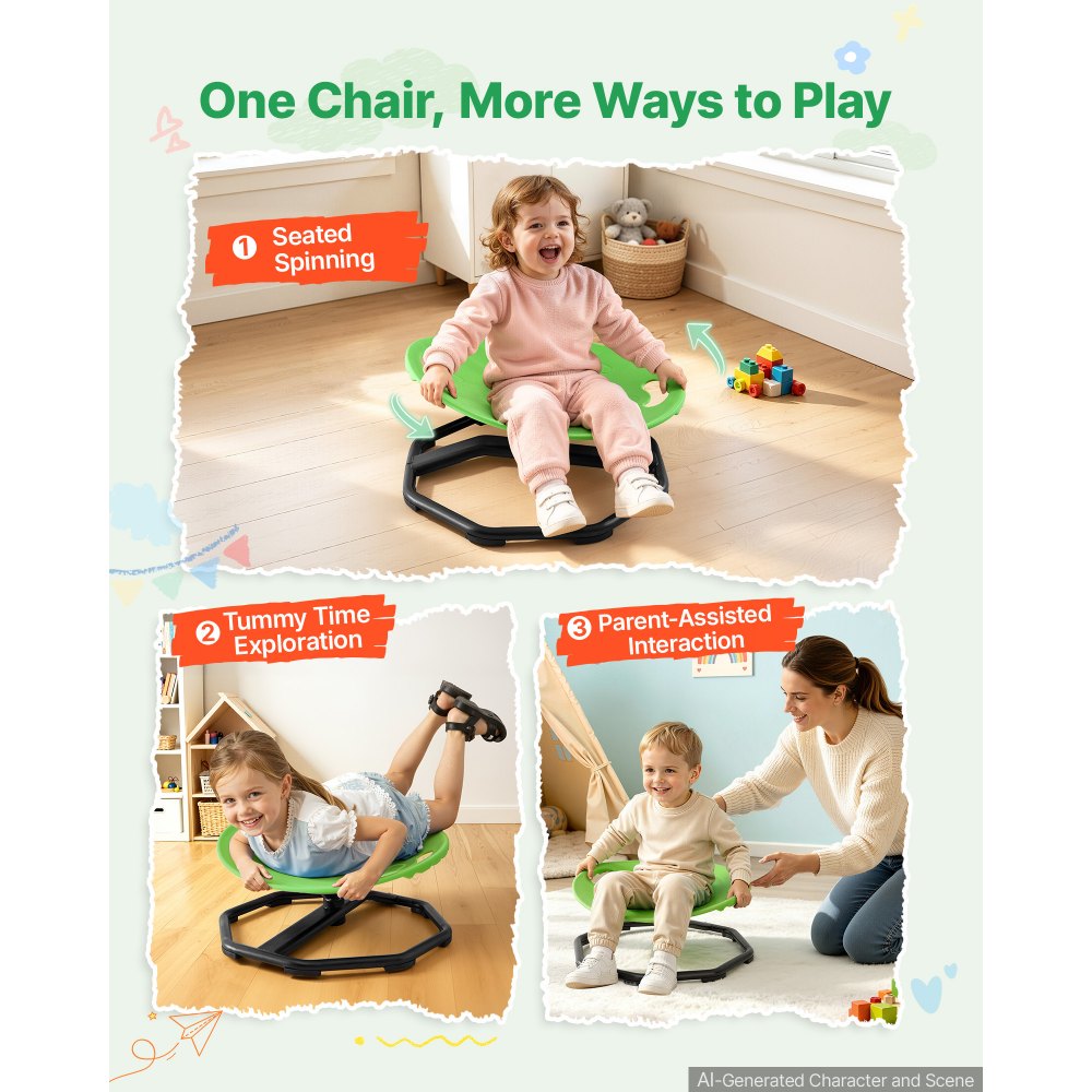 VEVOR Spinning Chair for Autistic Kids Ages 2-6 Autism Sensory Toy 110 LBS, Sensory Swivel Seat Products for Children ADHD, Training Body Coordination Balance, 16.9" L x 14" W, Rounded Shape, Green