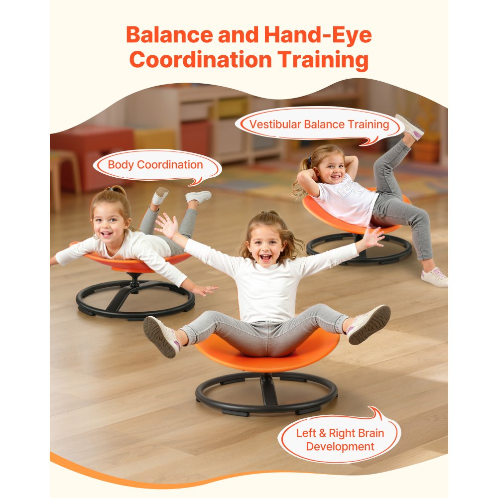 VEVOR Kids Swivel Chair, 220 lbs Capacity, Sensory Spinning Chair, Autistic Kids Sensory Toy Seat with Non-Slip Metal Base, Round Shape Toddler Sit & Spin Seat for Coordination Balance Focus, Orange