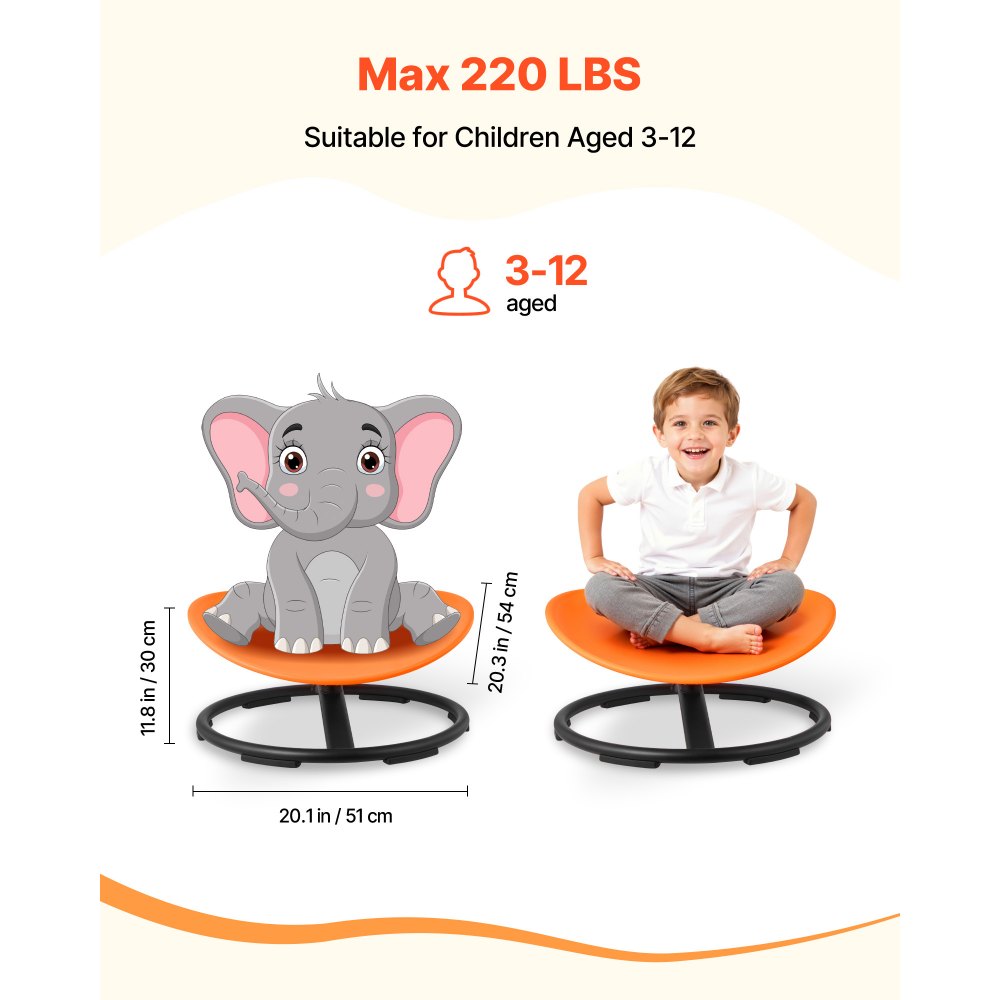 VEVOR Kids Swivel Chair, 220 lbs Capacity, Sensory Spinning Chair, Autistic Kids Sensory Toy Seat with Non-Slip Metal Base, Round Shape Toddler Sit & Spin Seat for Coordination Balance Focus, Orange