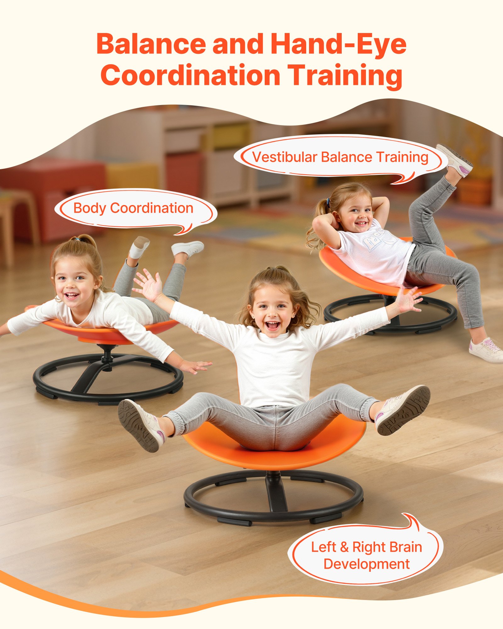 VEVOR Kids Swivel Chair, 220 lbs Capacity, Sensory Spinning Chair, Autistic Kids Sensory Toy Seat with Non-Slip Metal Base, Round Shape Toddler Sit & Spin Seat for Coordination Balance Focus, Orange