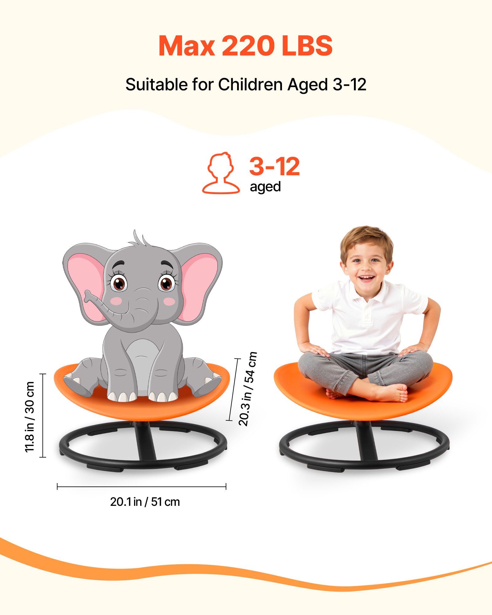 VEVOR Kids Swivel Chair, 220 lbs Capacity, Sensory Spinning Chair, Autistic Kids Sensory Toy Seat with Non-Slip Metal Base, Round Shape Toddler Sit & Spin Seat for Coordination Balance Focus, Orange