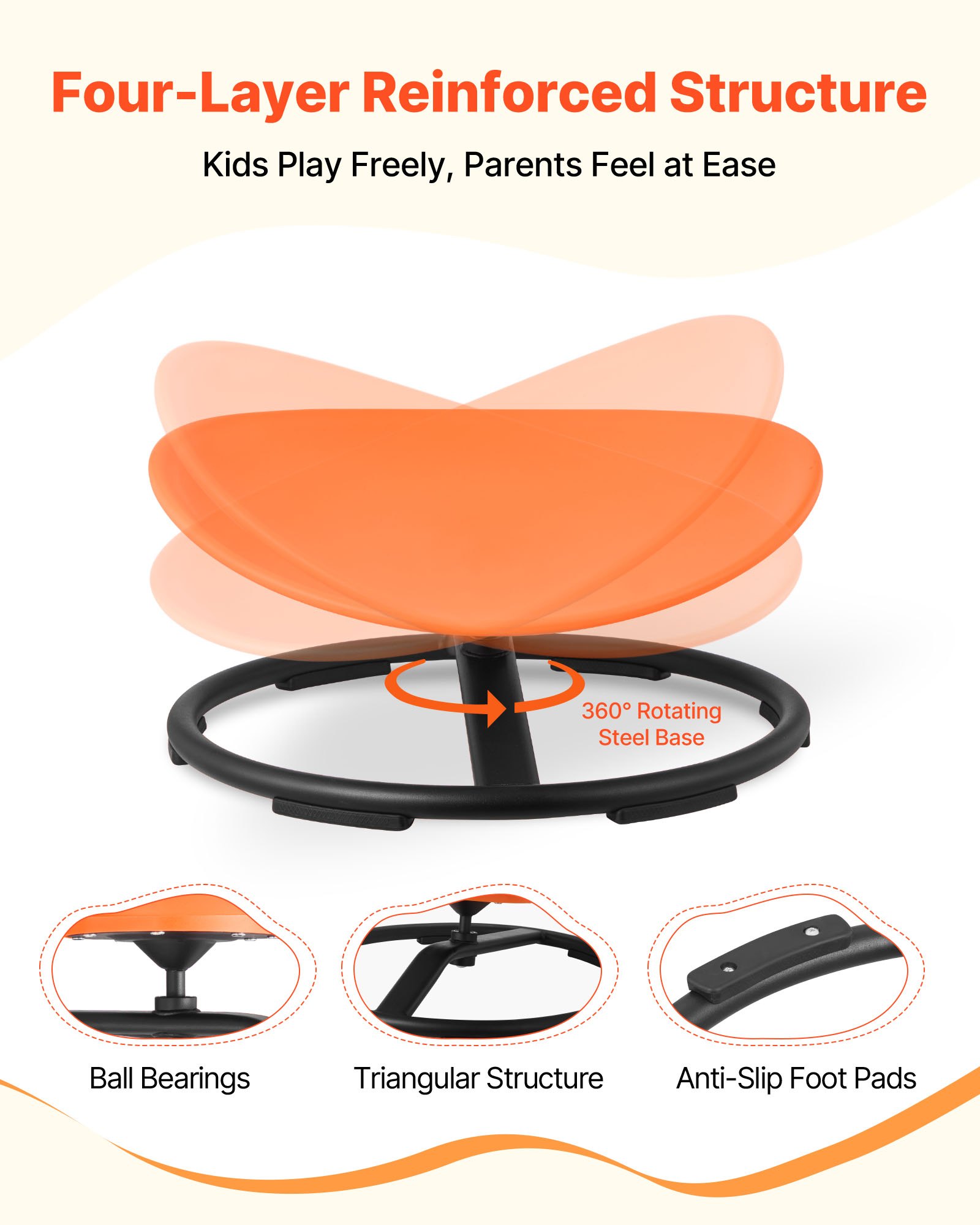 VEVOR Kids Swivel Chair, 220 lbs Capacity, Sensory Spinning Chair, Autistic Kids Sensory Toy Seat with Non-Slip Metal Base, Round Shape Toddler Sit & Spin Seat for Coordination Balance Focus, Orange