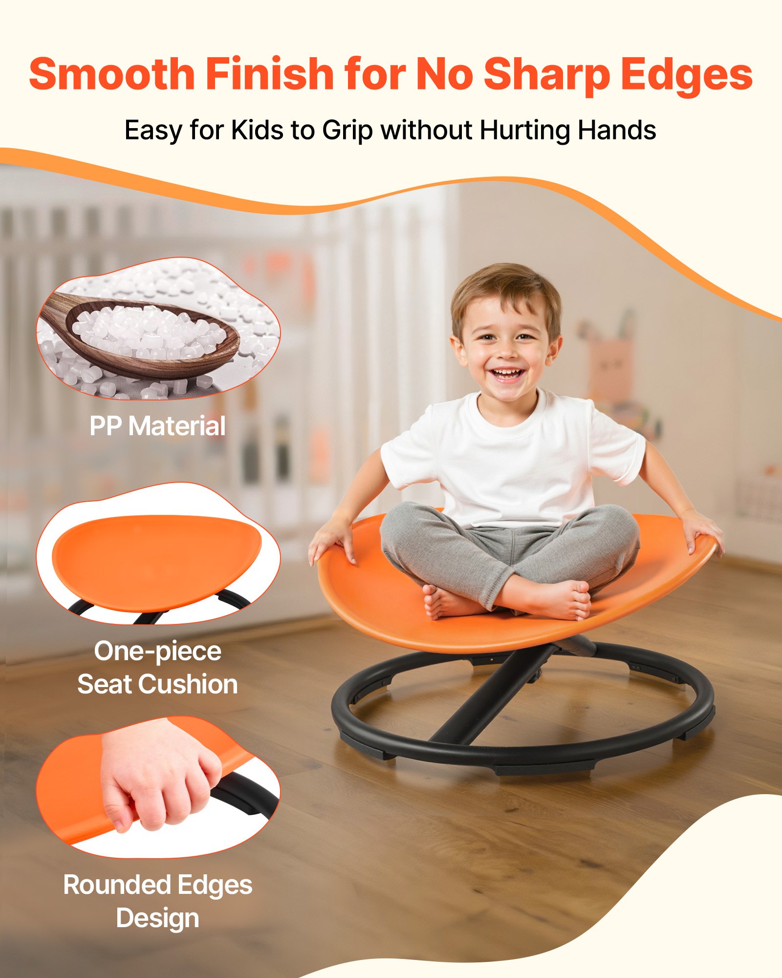 VEVOR Kids Swivel Chair, 220 lbs Capacity, Sensory Spinning Chair, Autistic Kids Sensory Toy Seat with Non-Slip Metal Base, Round Shape Toddler Sit & Spin Seat for Coordination Balance Focus, Orange