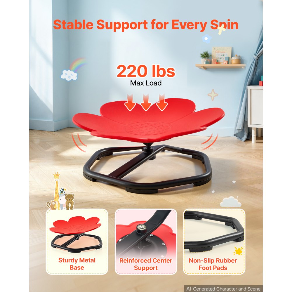 VEVOR Spinning Chair for Autistic Kids Ages 3-12 Autism Sensory Toy 100 kg, Sensory Swivel Seat Products for Children with ADHD, Training Body Coordination Balance, 525 mm x 525 mm, Flower Shape, Red