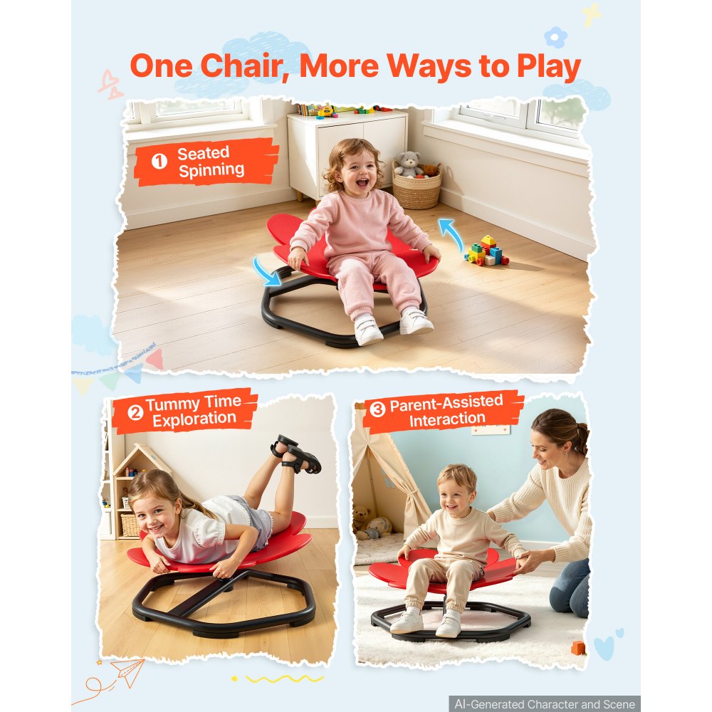 VEVOR Spinning Chair for Autistic Kids Ages 3-12 Autism Sensory Toy 100 kg, Sensory Swivel Seat Products for Children with ADHD, Training Body Coordination Balance, 525 mm x 525 mm, Flower Shape, Red