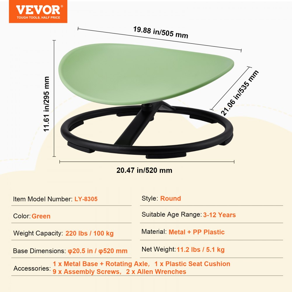 VEVOR Kids Swivel Chair, 100KG Capacity, Sensory Spinning Chair, Autistic Kids Sensory Toy Chair with Non-Slip Metal Base, Toddler Sit and Spin Chair for Coordination Balance Focus Training Green