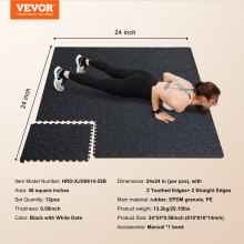 VEVOR 12 PCS 0.56" Thick Gym Floor Mats, 24" x 24" EVA Foam & Rubber Top Interlocking Workout Floor Mats with 48 sq.ft Coverage, Waterproof Exercise Puzzle Flooring for Gym, Home, Garage, Basement, Black & White