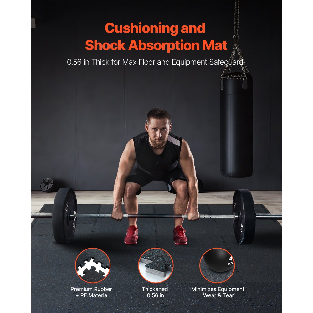 VEVOR 0.56 Inch Thick Gym Floor Mats, 6 Tiles Rubber Top with EVA Foam, 25" x 25" Gym Flooring Workout Mats with 25 sq.ft Coverage, Interlocking Puzzle Gym Mats for Gym, Home, Garage, Black & Blue