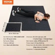 VEVOR 25 PCS 0.56" Thick Gym Floor Mats, 24" x 24" EVA Foam & Rubber Top Interlocking Workout Floor Mats with 100 sq.ft Coverage, Waterproof Exercise Puzzle Flooring for Gym, Home, Garage, Basement, Black & White