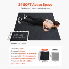 VEVOR 6 PCS 0.56" Thick Gym Floor Mats, 24" x 24" EVA Foam & Rubber Top Interlocking Workout Floor Mats with 24 sq.ft Coverage, Waterproof Exercise Puzzle Flooring for Gym, Home, Garage, Basement, Black & White