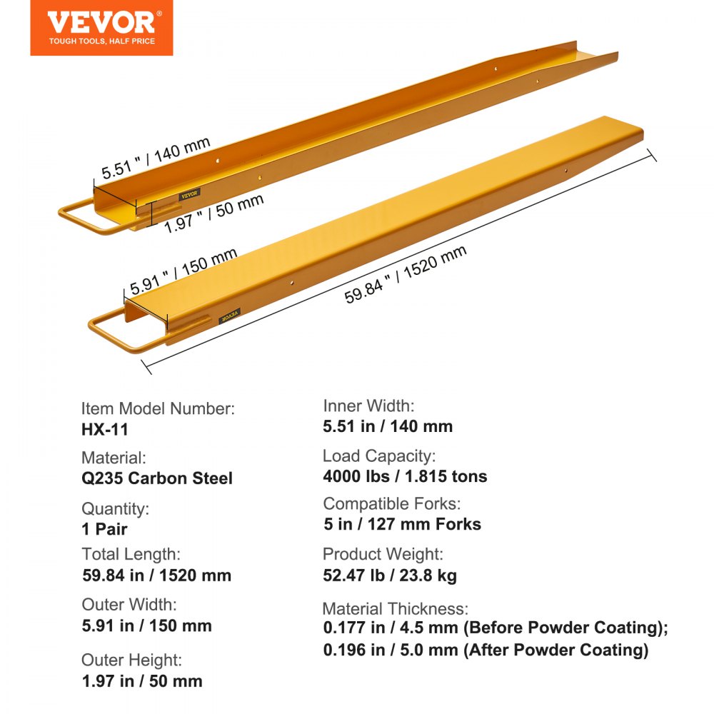Extensiones de horquilla de plataforma elevadora de 60''x 5,8'' par 2 carretilla elevadora de espesor de horquilla