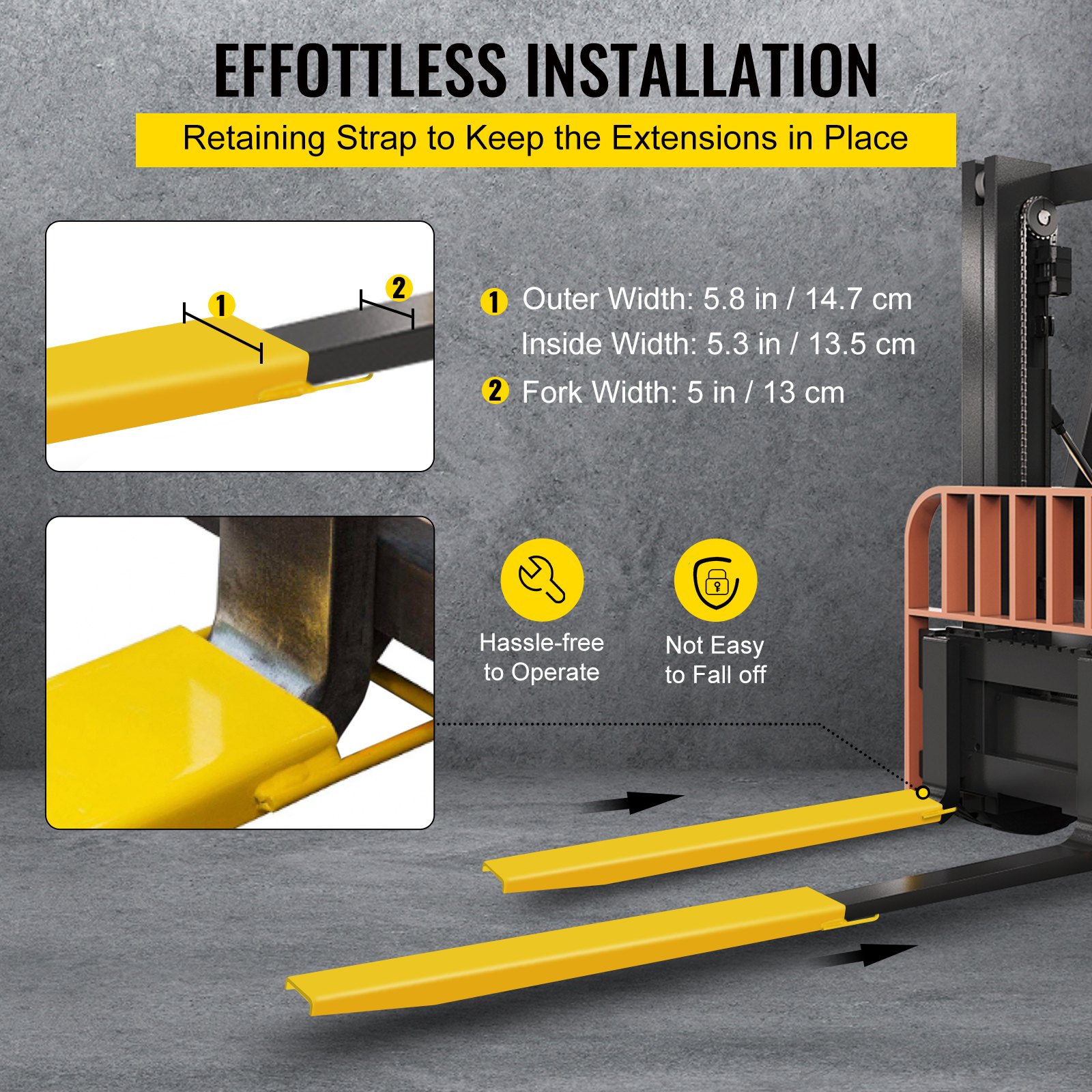 VEVOR Pallet Fork Extension 84 Inch Length 5.8 Inch Width, Heavy Duty Alloy Steel Fork Extensions for forklifts, 1 Pair Forklift Extension, Yellow
