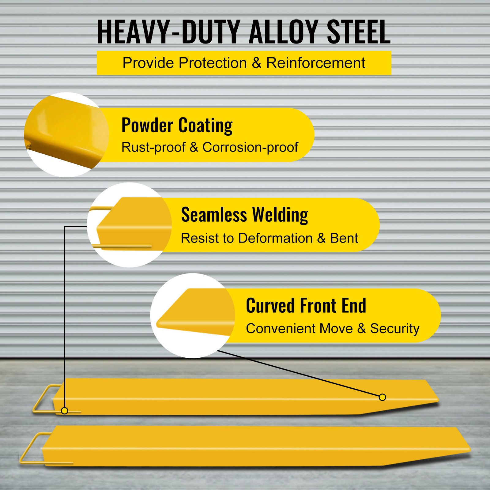 VEVOR pallet fork extension made of heavy-duty alloy steel with powder coating.