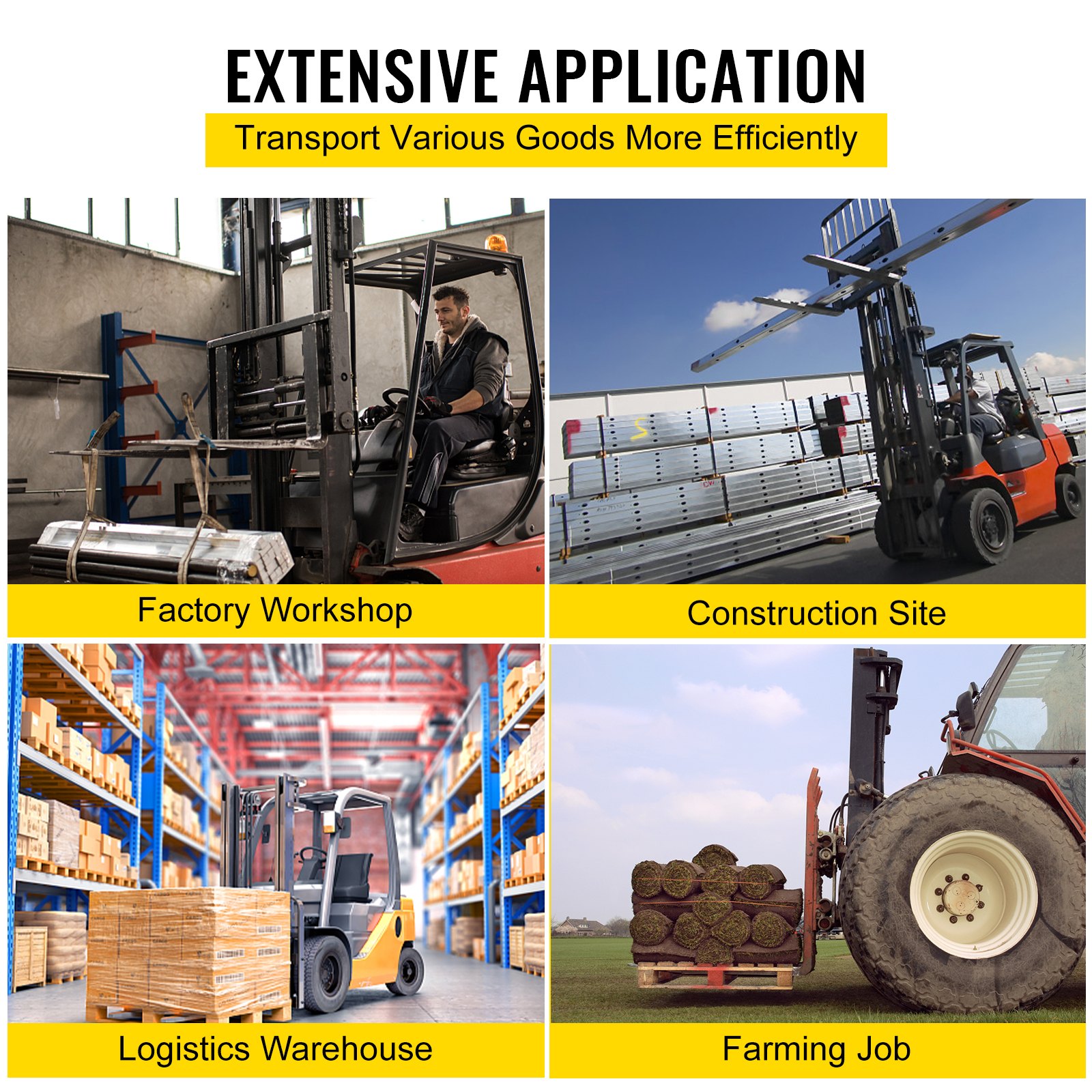 VEVOR pallet fork extension used in workshops, construction sites, warehouses, and farms.