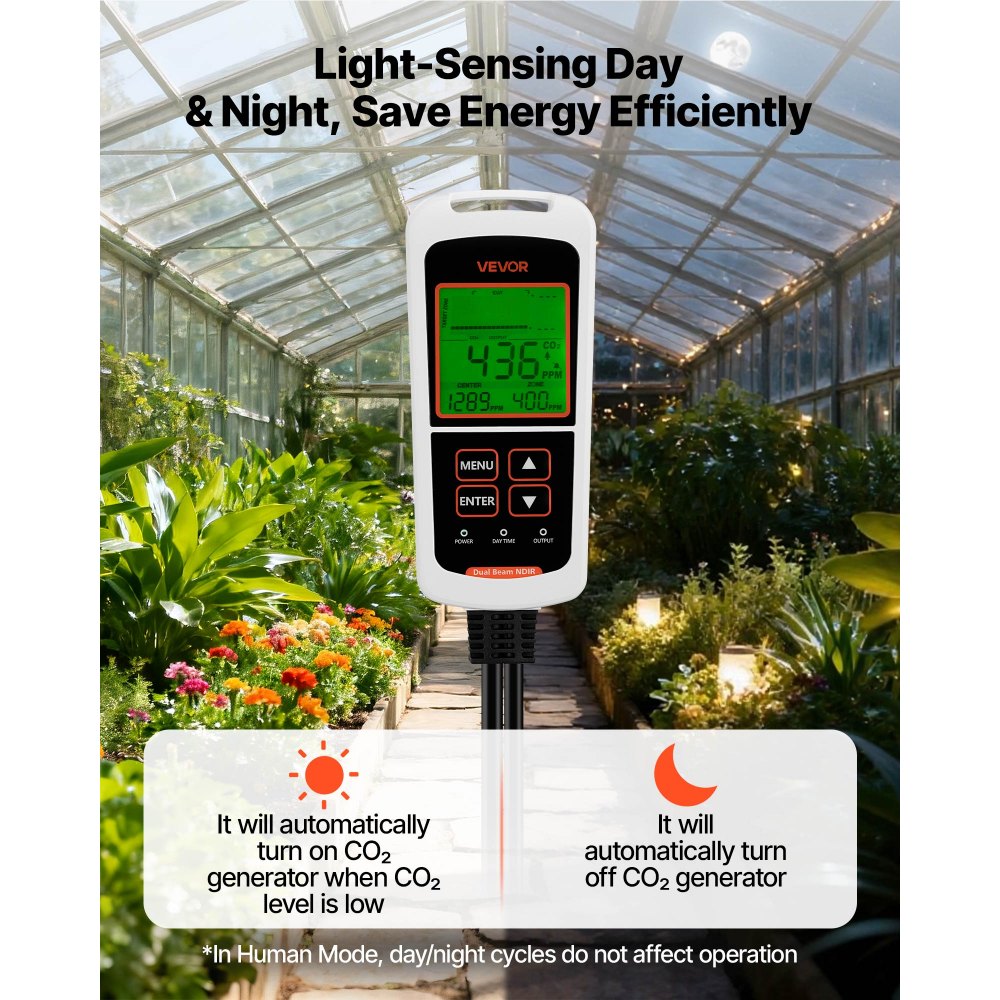 VEVOR Carbon Dioxide Monitoring Controller, Dual Outlets CO2 Monitor & Controller, Carbon Dioxide Sensor Day and Night Detection Feature, NDIR CO2 Sensor for Greenhouse, Laboratories, Classrooms, Home