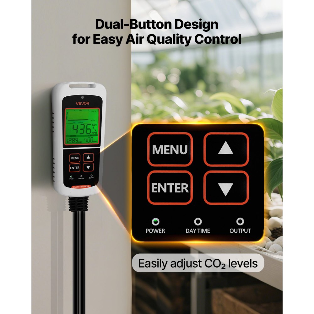 VEVOR Carbon Dioxide Monitoring Controller, Dual Outlets CO2 Monitor & Controller, Carbon Dioxide Sensor Day and Night Detection Feature, NDIR CO2 Sensor for Greenhouse, Laboratories, Classrooms, Home
