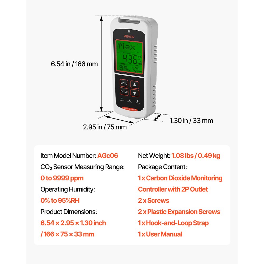VEVOR Carbon Dioxide Monitoring Controller, Dual Outlets CO2 Monitor & Controller, Carbon Dioxide Sensor Day and Night Detection Feature, NDIR CO2 Sensor for Greenhouse, Laboratories, Classrooms, Home