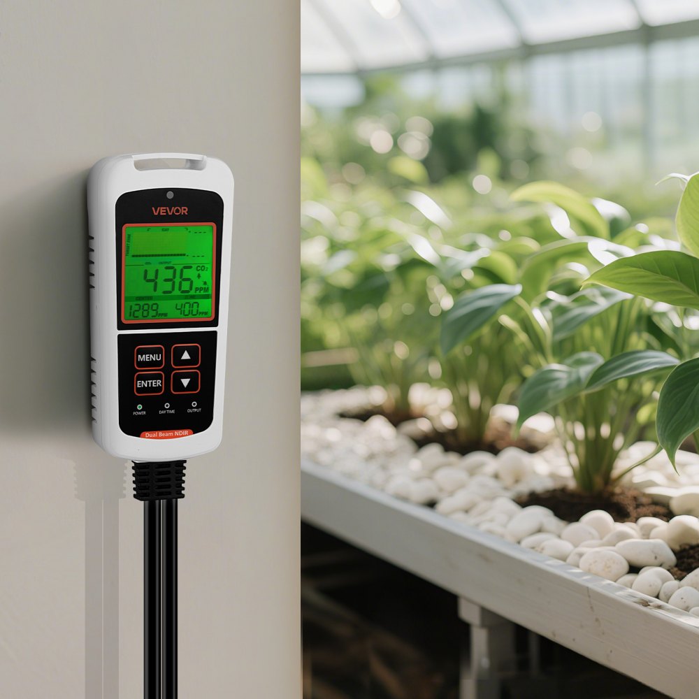 VEVOR Carbon Dioxide Monitoring Controller, Dual Outlets CO2 Monitor & Controller, Carbon Dioxide Sensor Day and Night Detection Feature, NDIR CO2 Sensor for Greenhouse, Laboratories, Classrooms, Home